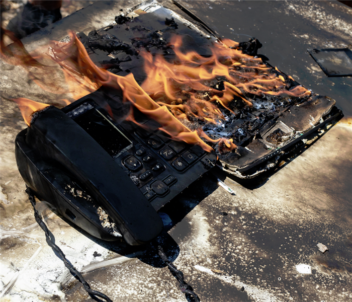a land line and ipad on fire on a table